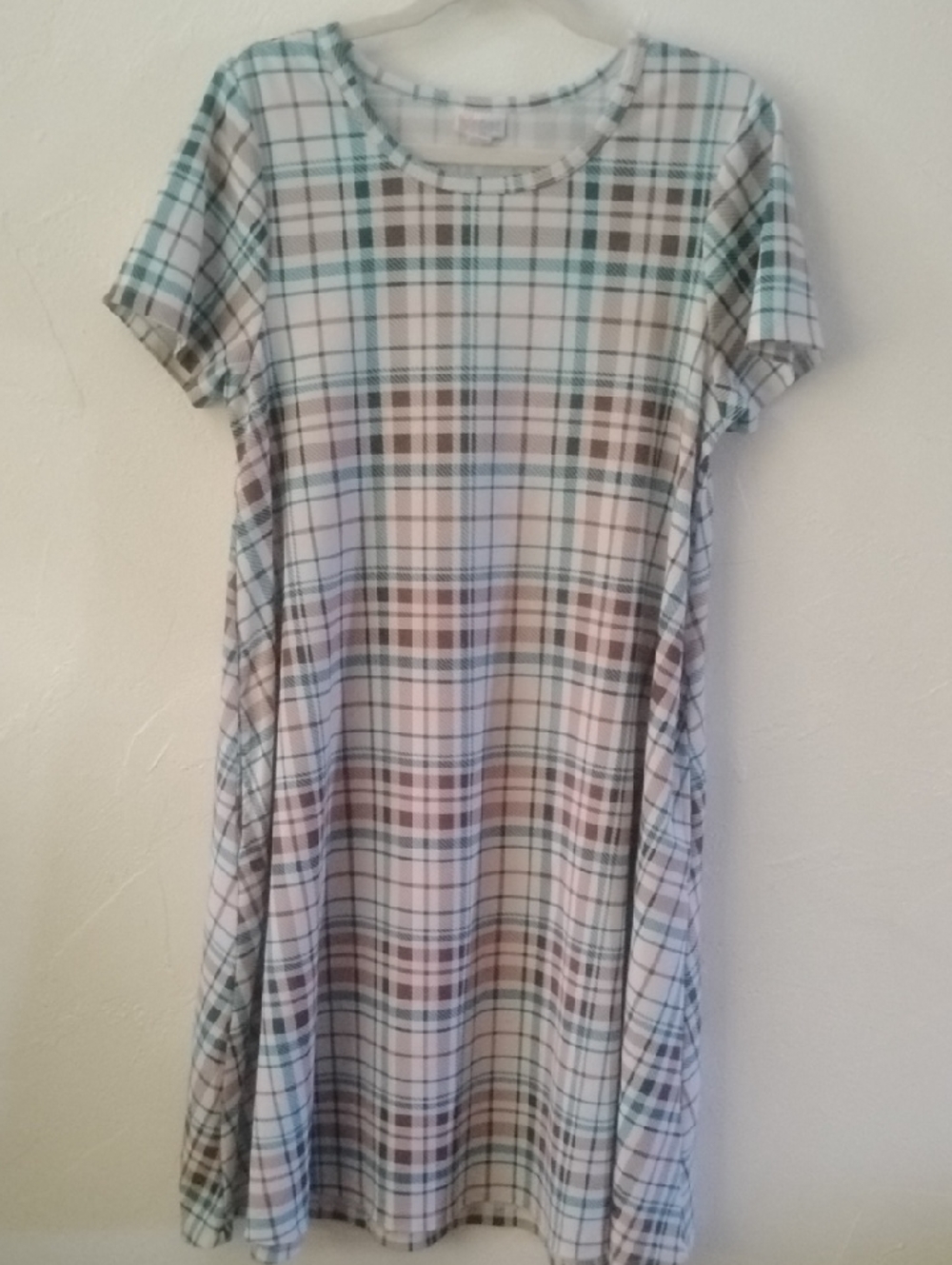 Plaid LuLaRoe Short Sleeve Swing Dress in White, Blue & Brown New Vtg Sz S